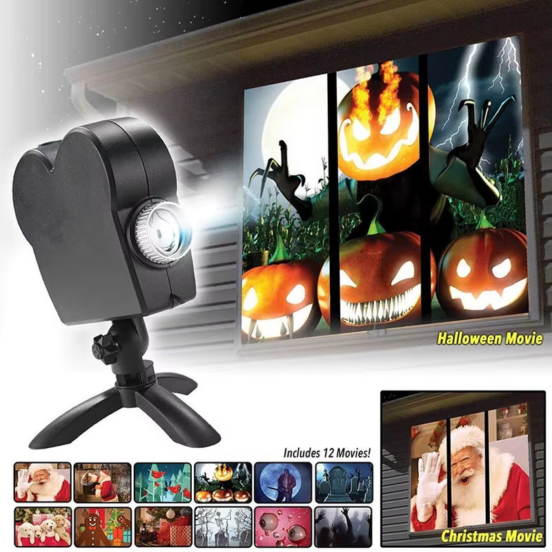 40W 12Movies Window Projector Light Atmosphere Lamp Adjustable Focus Lens IP44 Waterproof Portable for Home Party Xmas Halloween